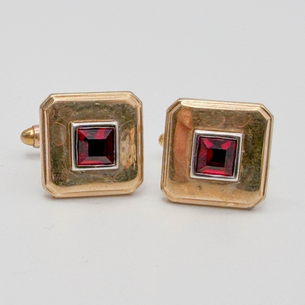 Vintage Krementz 12KT Gold Filled Red Stone Rectangular Toggle Back Cufflinks